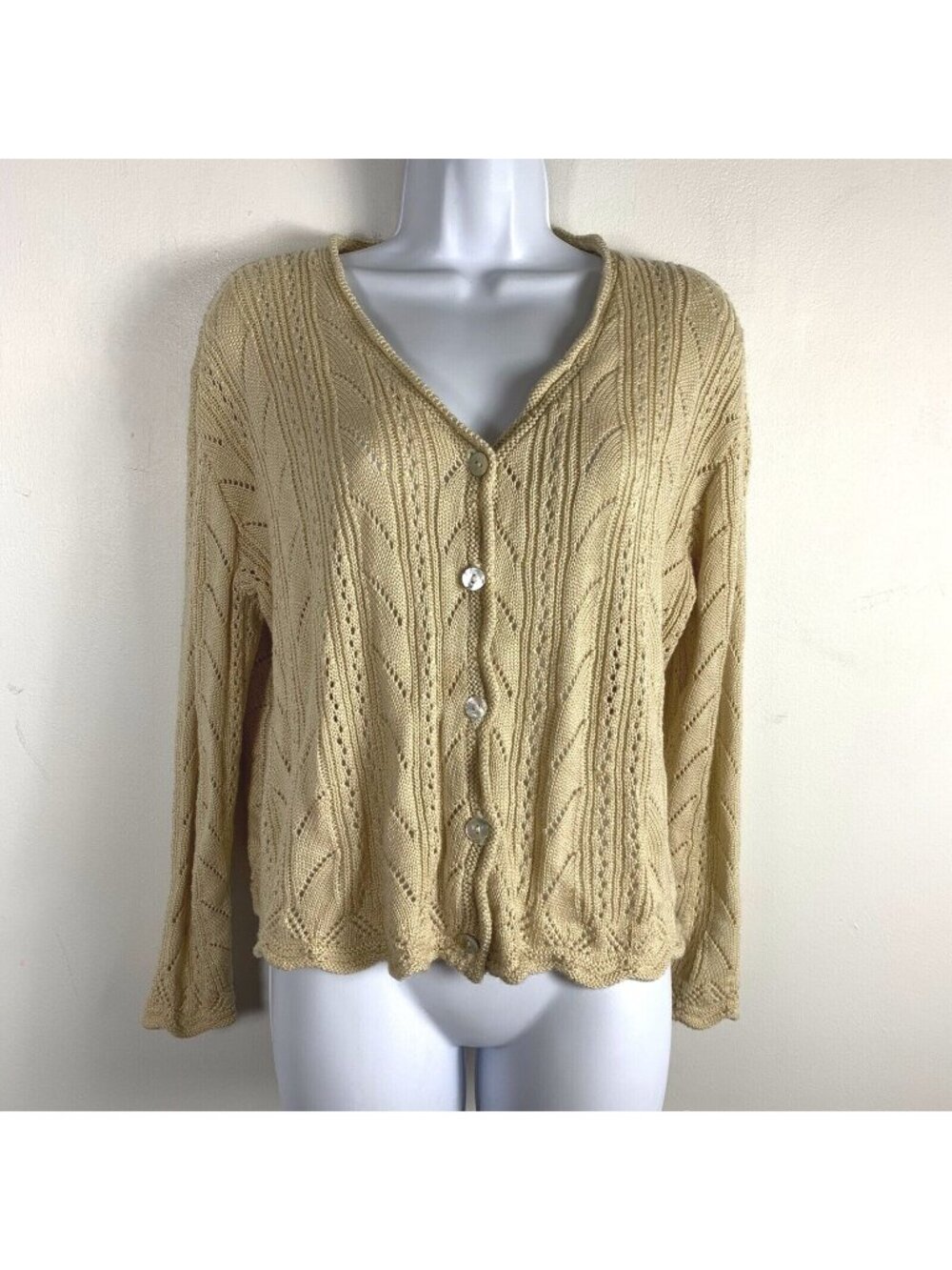 Designers Originals Beige Cable Knit Button Cardigan Sweater Womens M Vintage Re
